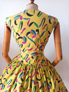 1950s - Stunning Yellow Confetti Print Cotton Dress - W27.5 (70cm)