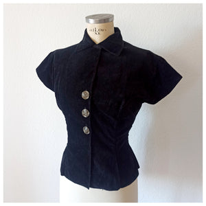 1950s - MANFRY, France - Solid Black Corduroy Top - W30 (76cm)