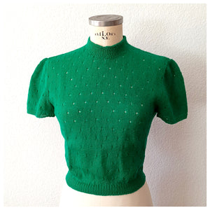 1950s - Precious Green Hand Knitted Top - Size S/M