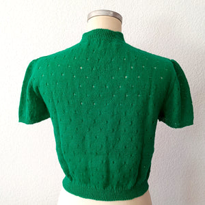 1950s - Precious Green Hand Knitted Top - Size S/M