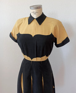 1940s - Amazing Black & Mustard Yellow Cotton Dress - W25 (64cm)