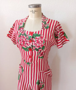 1940s - Cute Candy Stripes Floral Cotton Dress - W30 (76cm)