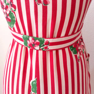 1940s - Cute Candy Stripes Floral Cotton Dress - W30 (76cm)