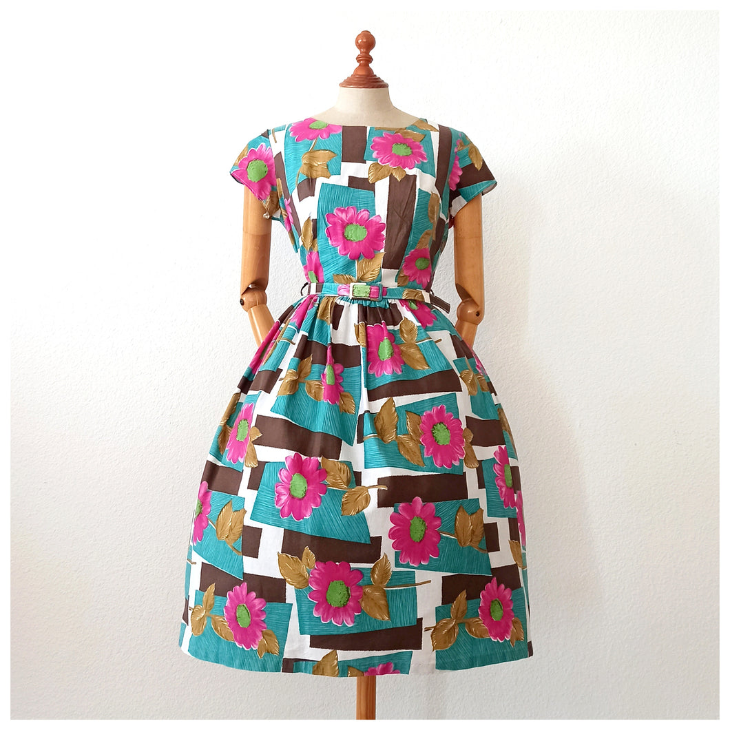 1950s - Fabulous German Abstract Floral Dress - W29 (74cm)