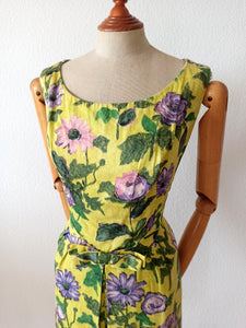 1950s 1960s - Stunning Lime Floral Print Cotton Dress - W30 (76cm)