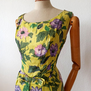 1950s 1960s - Stunning Lime Floral Print Cotton Dress - W30 (76cm)