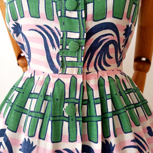 1950s - PARIS - Fabulous Roosters Novelty Print Dress - W26/27 (66/68cm)