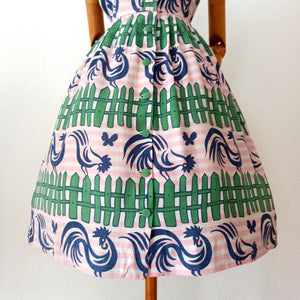 1950s - PARIS - Fabulous Roosters Novelty Print Dress - W26/27 (66/68cm)