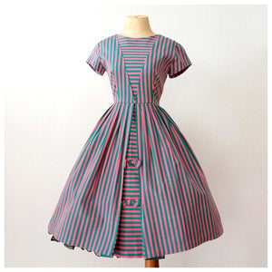 1950s 1960s - WENJA, Germany - Pink Green Stripes Dress - W25 (64cm)