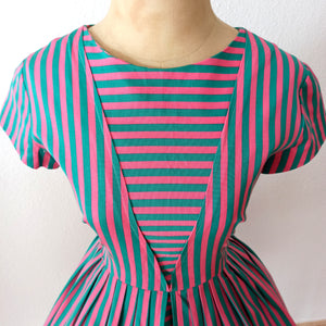 1950s 1960s - WENJA, Germany - Pink Green Stripes Dress - W25 (64cm)