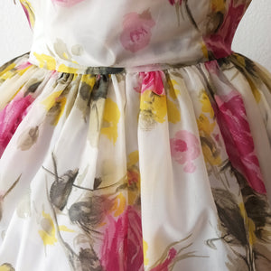 1950s - Adorable Roseprint Lightweight Satin Dress - W27.5 (70cm)