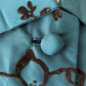 1950s - Exquisite Teal Blue Satin & Velvet Dress - W30 (76cm)