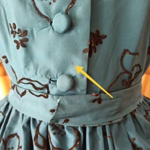 1950s - Exquisite Teal Blue Satin & Velvet Dress - W30 (76cm)