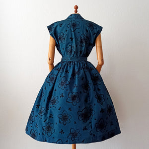 1950s - Exquisite Teal Blue Satin & Velvet Dress - W30 (76cm)