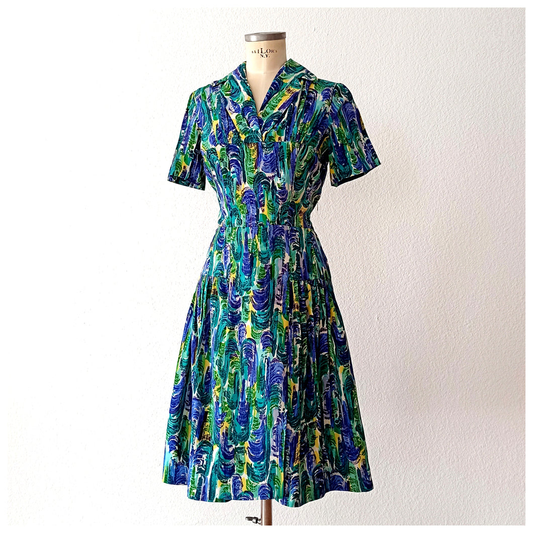 1940s 1950s - GOLTNATEL, Germany - Abstract Rayon Dress - W28 (72cm)