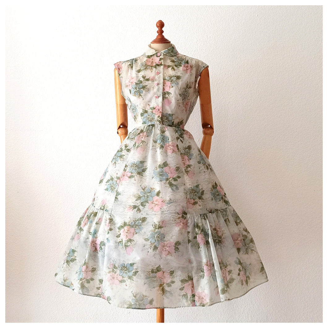 1950s - Incredibly Adorable Peter Pan Collar Floral Dress - W28 (72cm)