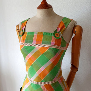 1970s - Adorable Plaid Cotton Pockets Dress  - W26 (66cm)