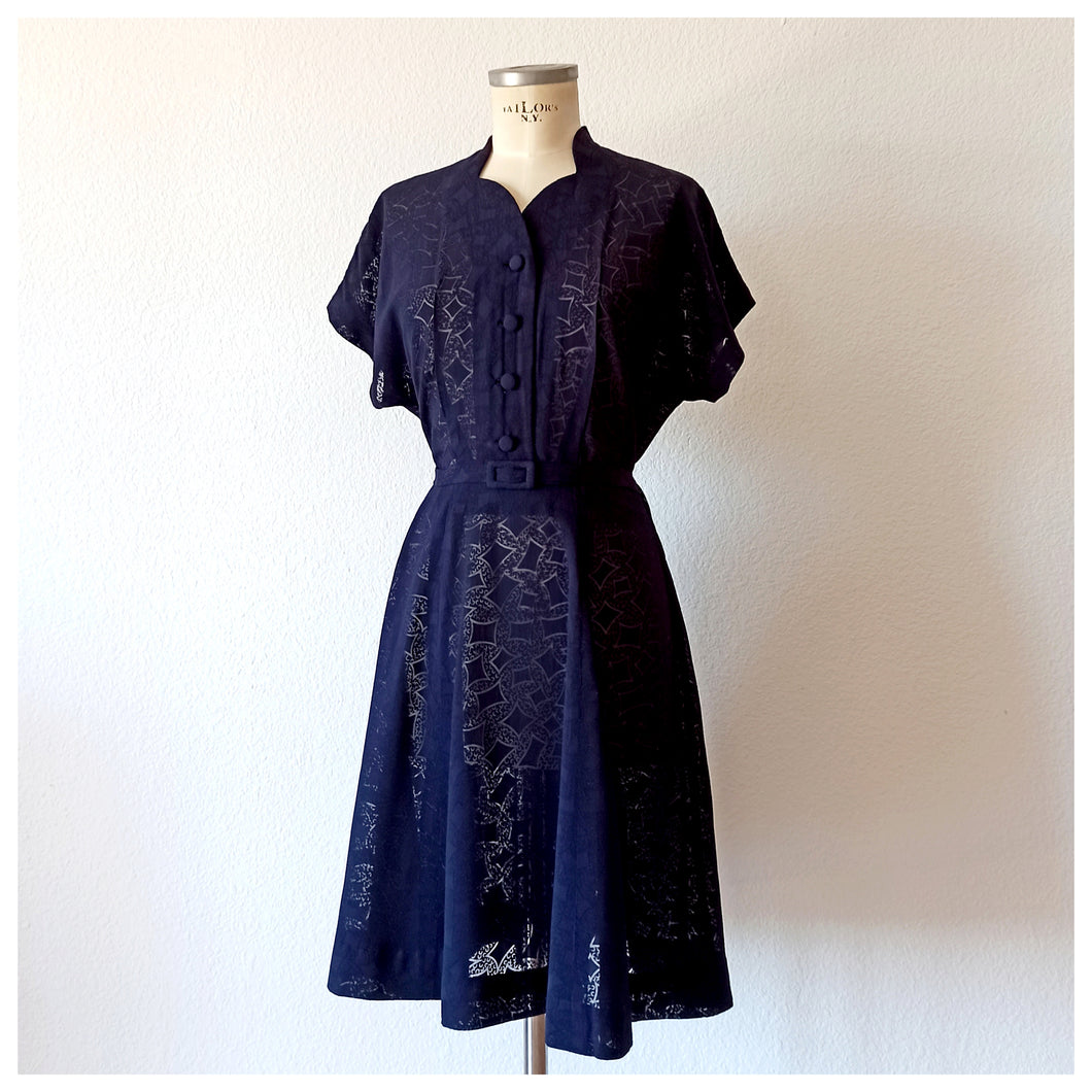 1940s - Exquisite Ink Blue Smoked Rayon Dress  - W32 (82cm)