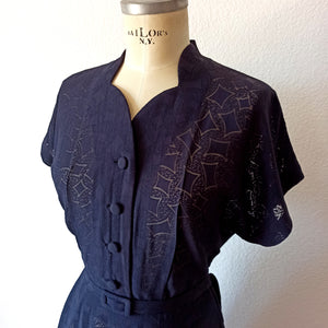 1940s - Exquisite Ink Blue Smoked Rayon Dress  - W32 (82cm)