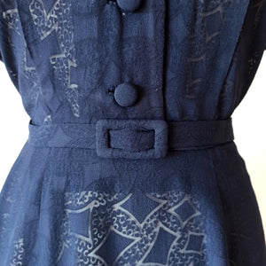 1940s - Exquisite Ink Blue Smoked Rayon Dress  - W32 (82cm)