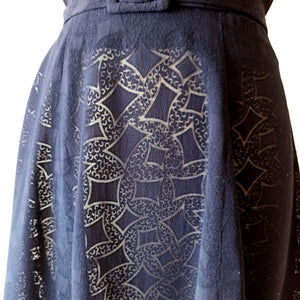 1940s - Exquisite Ink Blue Smoked Rayon Dress  - W32 (82cm)