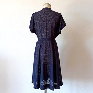 1940s - Exquisite Ink Blue Smoked Rayon Dress  - W32 (82cm)