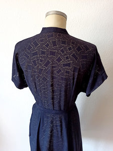 1940s - Exquisite Ink Blue Smoked Rayon Dress  - W32 (82cm)