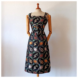 1950s 1960s - Stunning Black Dragons & Peacocks Embroidery Dress  - W28 (70cm)