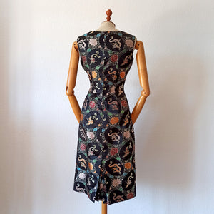 1950s 1960s - Stunning Black Dragons & Peacocks Embroidery Dress  - W28 (70cm)