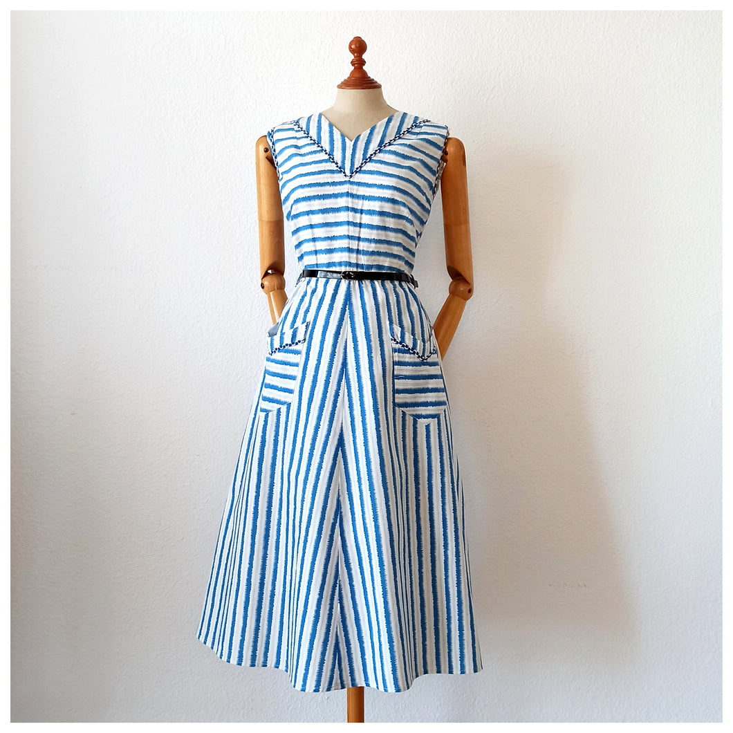 1950s - GUY, France - Gorgeous Pockets Cotton Dress - W27 to 31 (68 to 80cm)