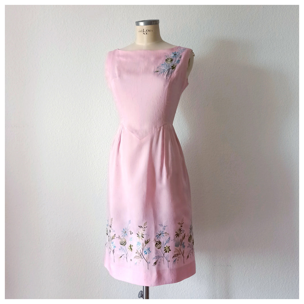 1950s 1960s - Lovely Pink Floral Embroidery Dress - W27 (68cm)