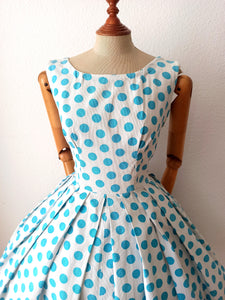 1950s - Iconic & Stunning Blue Polkadots Cotton Dress  - W28 (70cm)