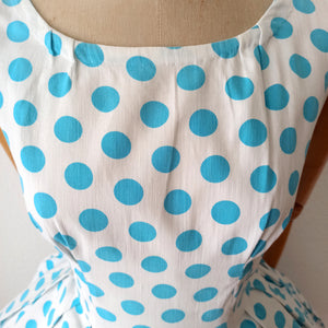 1950s - Iconic & Stunning Blue Polkadots Cotton Dress  - W28 (70cm)