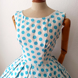 1950s - Iconic & Stunning Blue Polkadots Cotton Dress  - W28 (70cm)