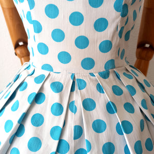 1950s - Iconic & Stunning Blue Polkadots Cotton Dress  - W28 (70cm)