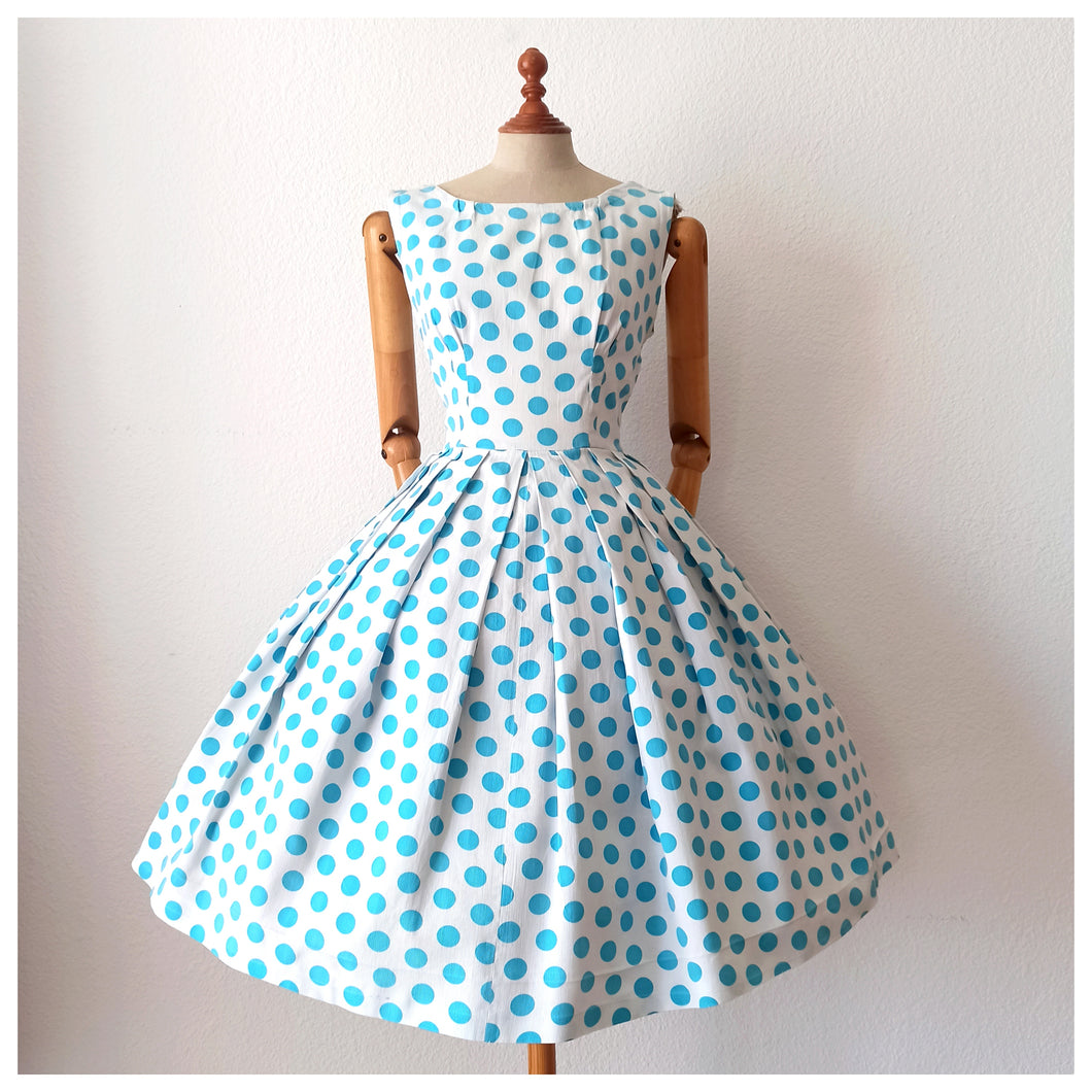 1950s - Iconic & Stunning Blue Polkadots Cotton Dress  - W28 (70cm)