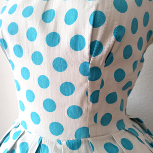 1950s - Iconic & Stunning Blue Polkadots Cotton Dress  - W28 (70cm)