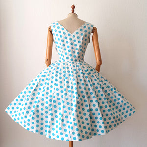 1950s - Iconic & Stunning Blue Polkadots Cotton Dress  - W28 (70cm)