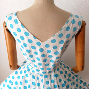 1950s - Iconic & Stunning Blue Polkadots Cotton Dress  - W28 (70cm)