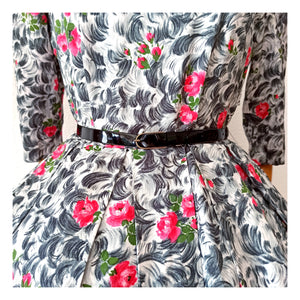 1950s - Exquisite French Roseprint Cotton Dress - W28 (70cm)
