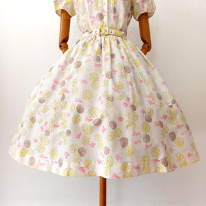 1950s - FRANCE - Adorable Leaves Print Puffed Sleeves Dress - W26 (66cm)