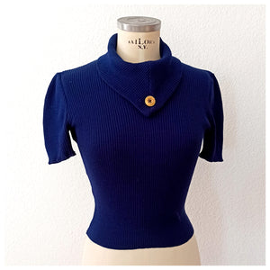 1960s - Gorgeous Navy Knit Top - Sz. S/M