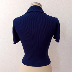 1960s - Gorgeous Navy Knit Top - Sz. S/M