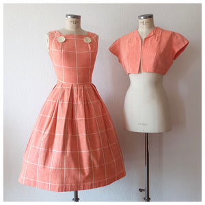 1950s - Adorable Massive Buttons Salmon Bolero Dress - W27.5 (70cm)