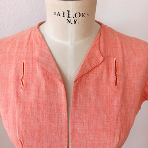 1950s - Adorable Massive Buttons Salmon Bolero Dress - W27.5 (70cm)