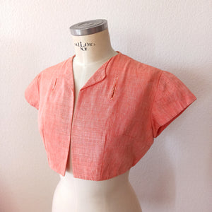 1950s - Adorable Massive Buttons Salmon Bolero Dress - W27.5 (70cm)