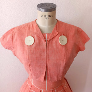 1950s - Adorable Massive Buttons Salmon Bolero Dress - W27.5 (70cm)