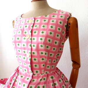 1950s 1960s - Adorable Green Diamonds Cotton Dress - W27/28 (68/70cm)