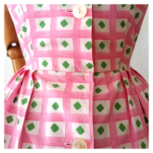 1950s 1960s - Adorable Green Diamonds Cotton Dress - W27/28 (68/70cm)