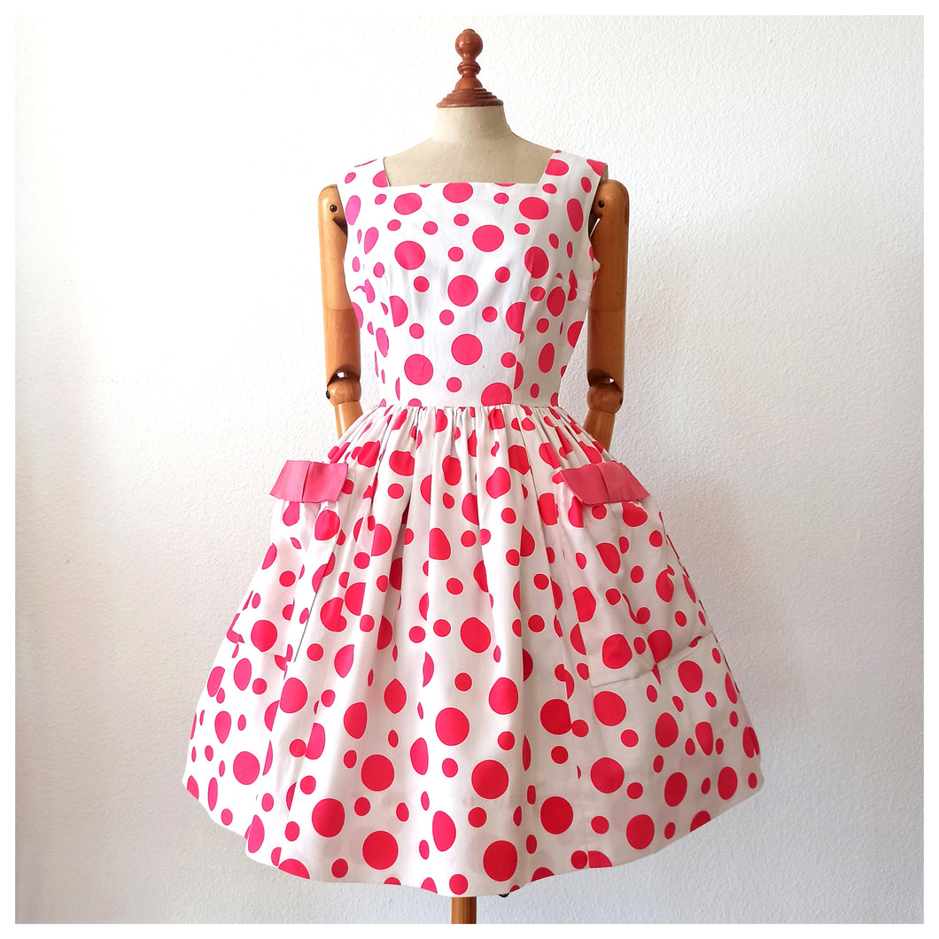 1950s 1960s - Fabulous Pink Dots Pockets Dress - W27 (68cm)